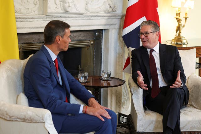 Prime Minister Sir Keir Starmer (right) with Prime Minister of Spain Pedro Sanchez in 10 Downing Street, London, ahead of talks on ‘shared priorities’ including trade, defence and migration (Toby Melville/PA)
