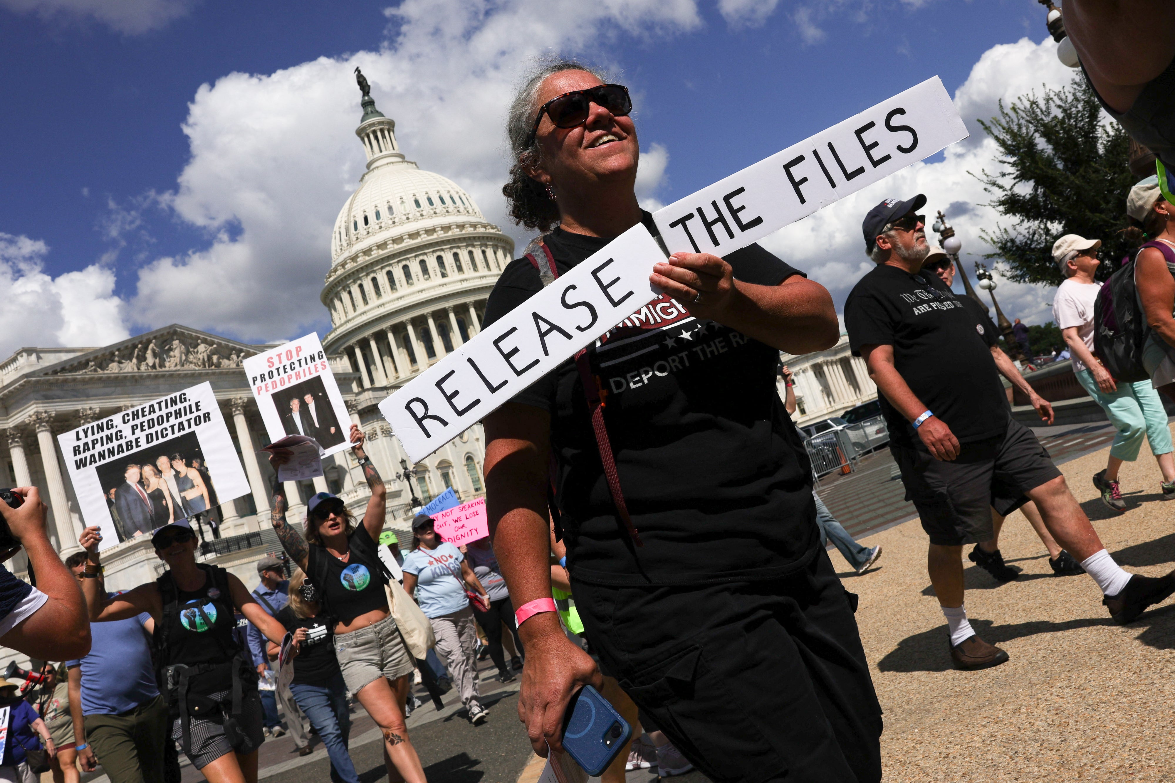 Demonstrators march near the U.S. Capitol building in Washington, D.C. on September 2, 2025 during an anti-Trump protest