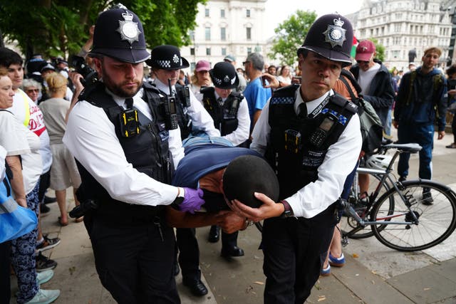 A protester is carried away at an earlier demonstration in July (Jeff Moore/PA Wire)