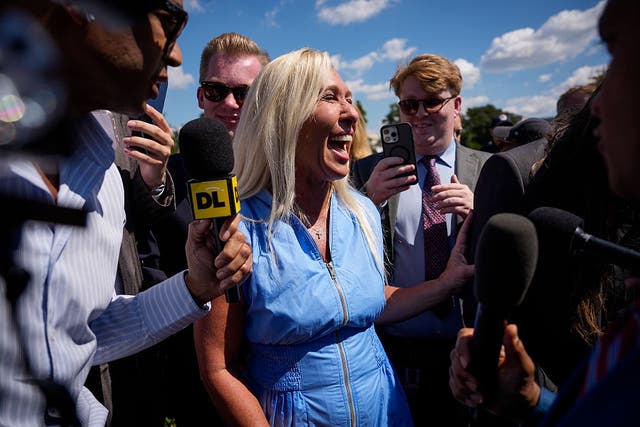 <p>Marjorie Taylor Greene spoke to reporters after meeting with survivors of Jeffrey Epstein and Ghislaine Maxwell on Wednesday</p>