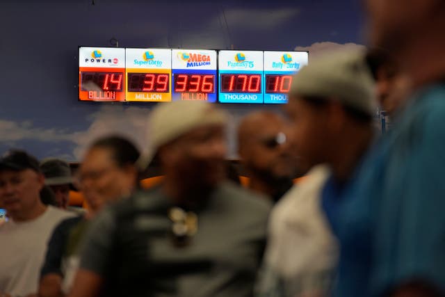 <p>People wait in line to buy lottery tickets at the Lotto Store just inside the California border Wednesday, Sept. 3, 2025, near Primm, Nev. (AP Photo/John Locher)</p>