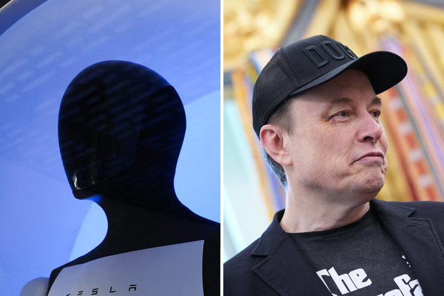 <p>Left: Tesla's nascent Optimus humanoid robot. Right: Tesla's all-too-human CEO, Elon Musk</p>