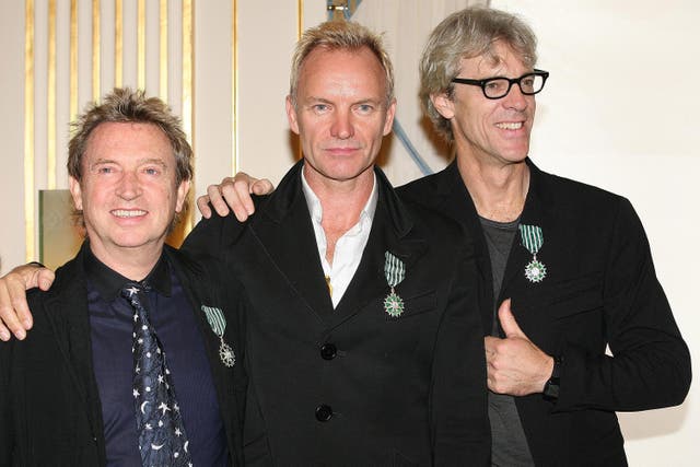 <p>Andy Summers, Sting and Stewart Copeland of The Police after being inducted as 'Knights in the Order of Arts and Letters' in 2007</p>