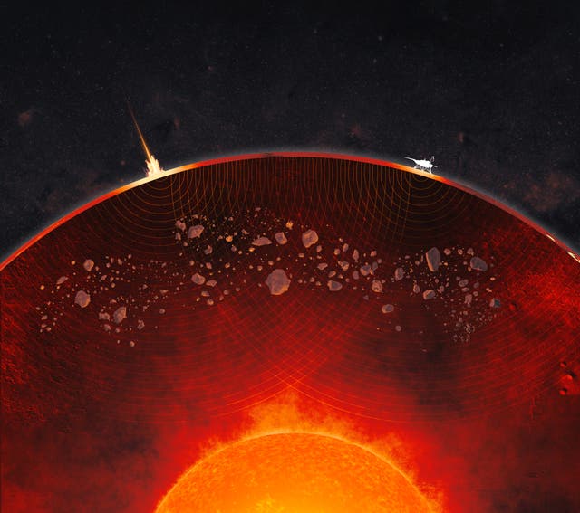 <p>Cutaway view of Mars in artist’s concept reveals debris from ancient impacts scattered through planet’s mantle</p>