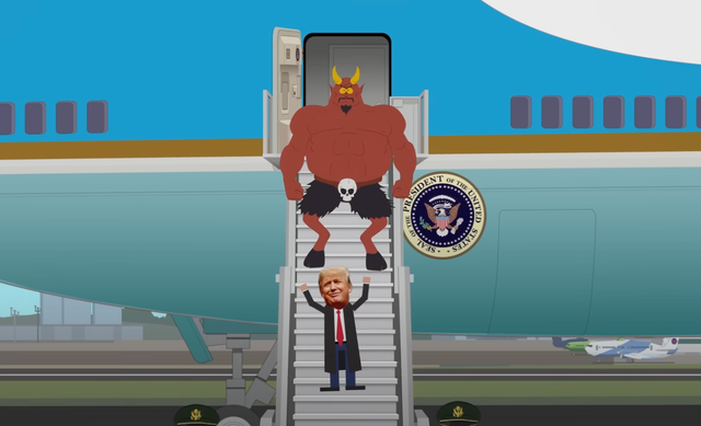 <p>Trump and Satan walk down the steps of Air Force One in the latest South Park episode</p>
