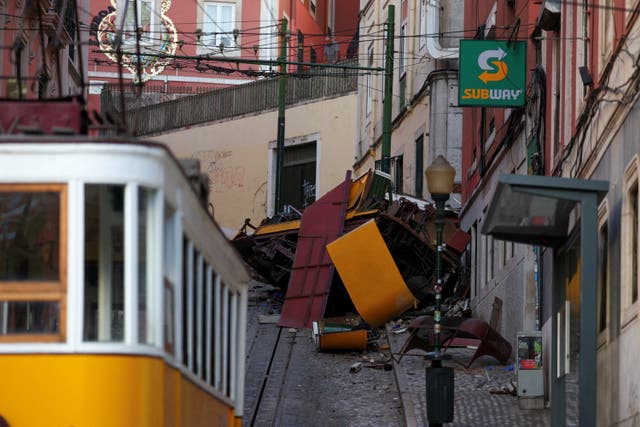 <p>A view of the accident site after the Gloria funicular railway derailed and crashed in Lisbon, Portugal, on 4 September 2025</p>