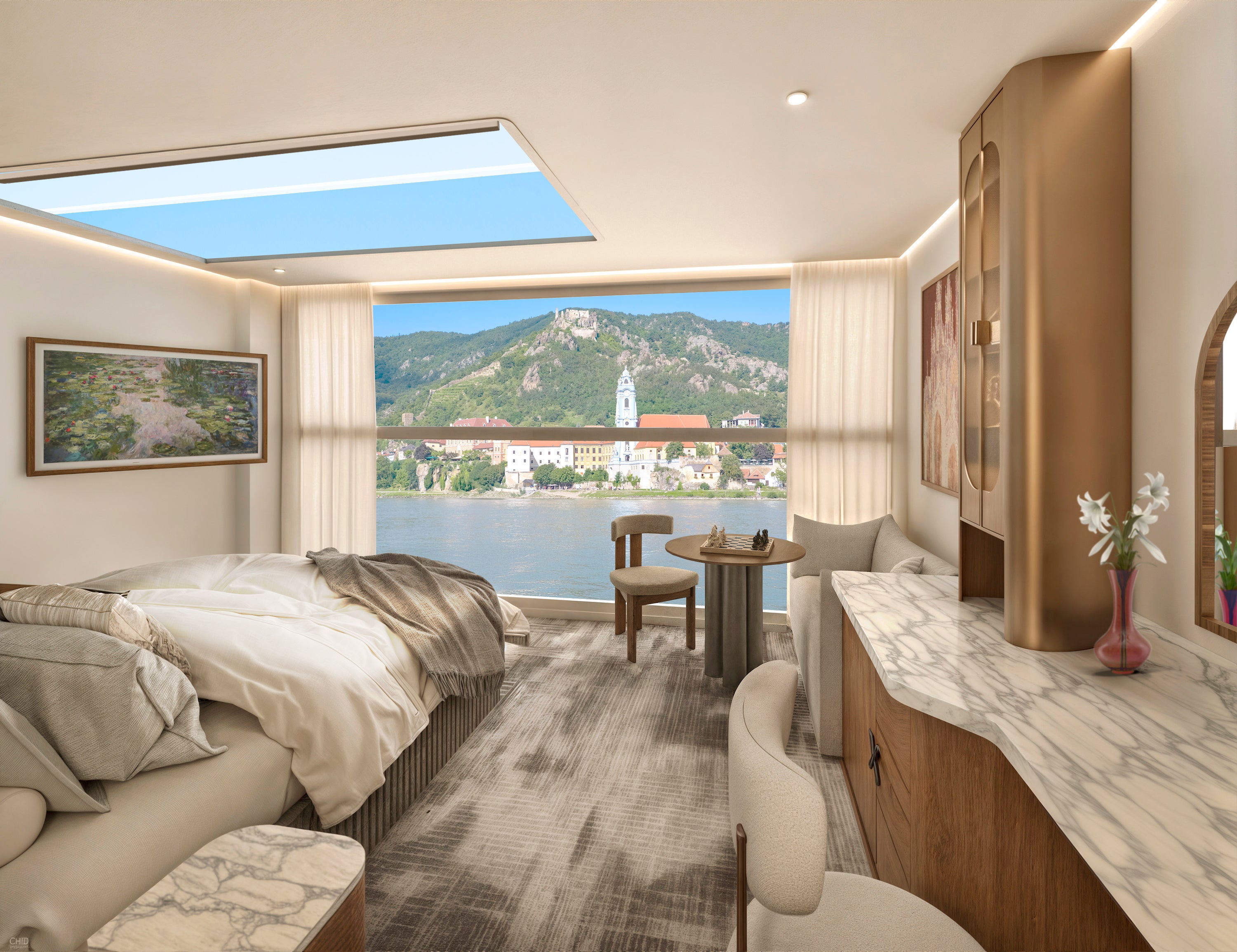 Staterooms are fitted with king-sized beds, balconies and complimentary mini-bars