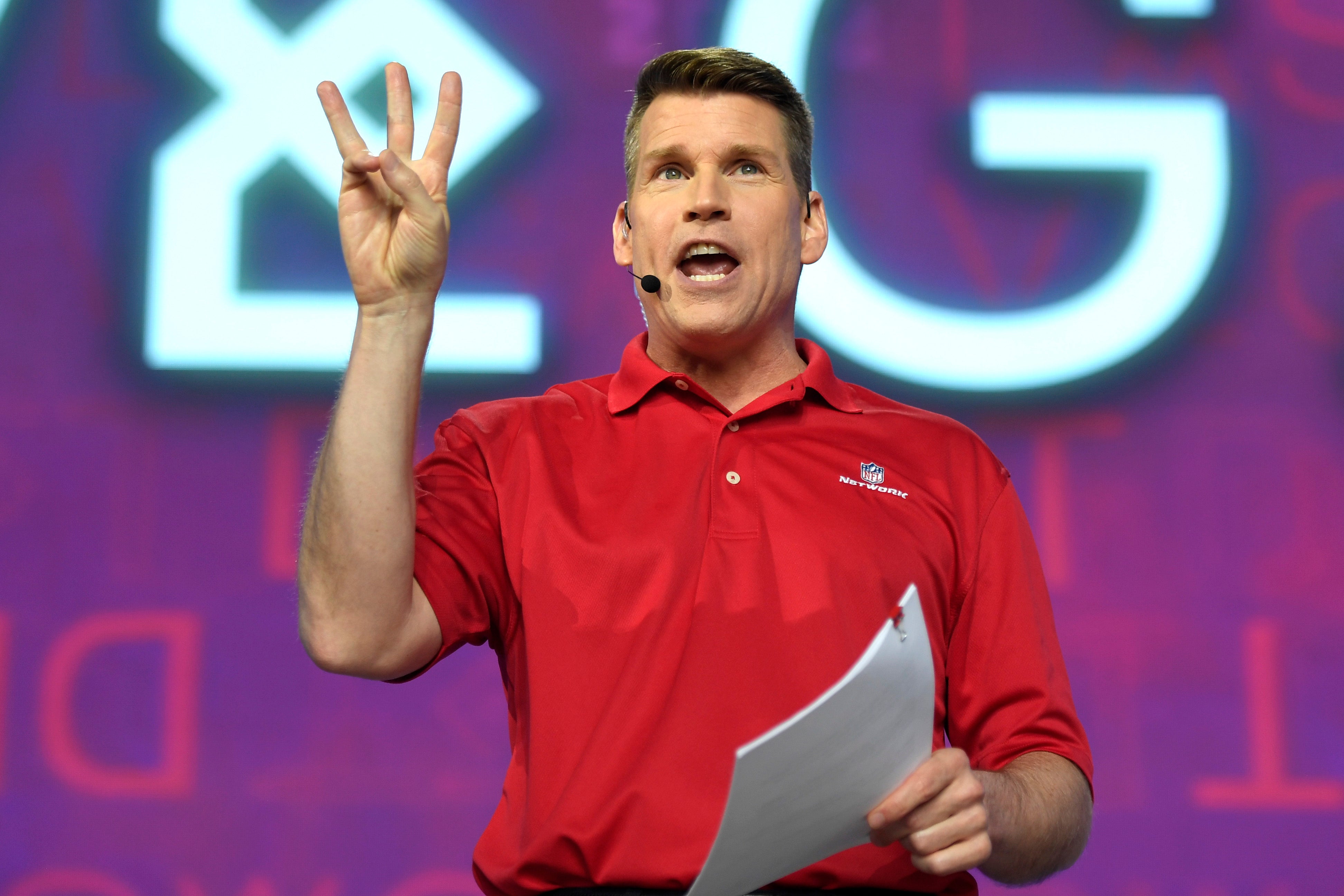 Scott Hanson speaking at the NFL Draft in Las Vegas on April 30, 2022