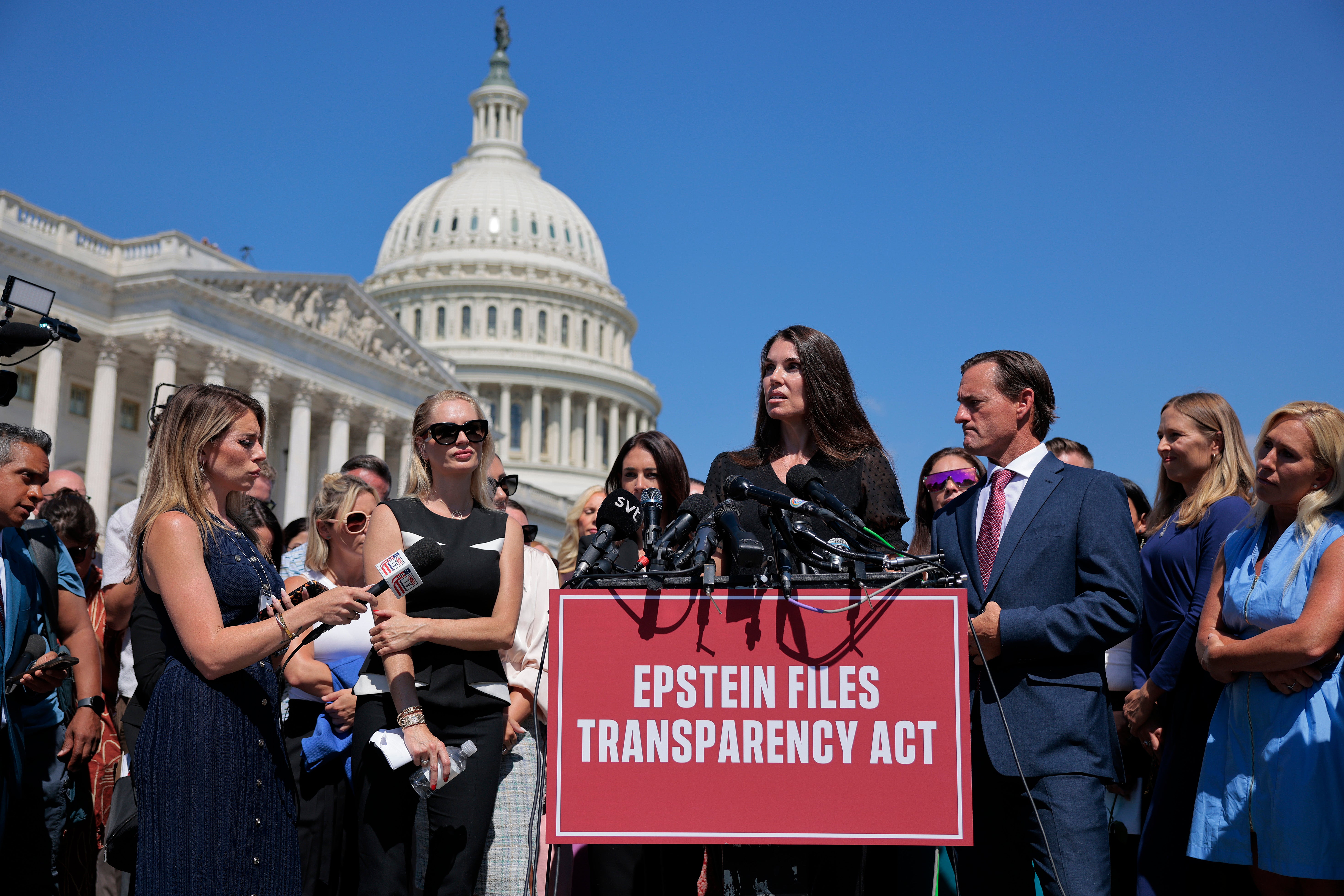A group of Epstein victims and their families held a press conference on Wednesday calling for transparency