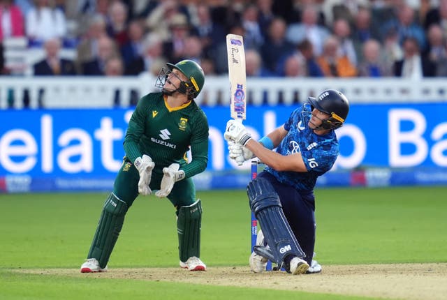 <p>Jacob Bethell smashes a six during the second one-day international against South Africa</p>