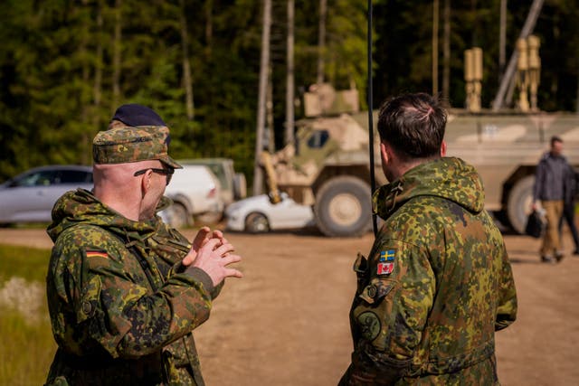 <p>A German and Swedish soldier attend the international military anti-drone exercise Baltic Trust 25 (BATT25) at the Selonia (Selija) military training ground near Viesite, Latvia, on August 27, 2025</p>