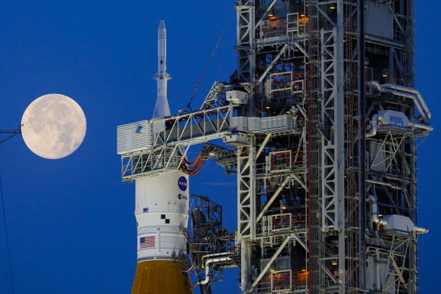 <p>Nasa's Artemis I Moon rocket sits at Launch Pad Complex 39B at Kennedy Space Center, in Cape Canaveral, Florida, on 15 June 2022</p>