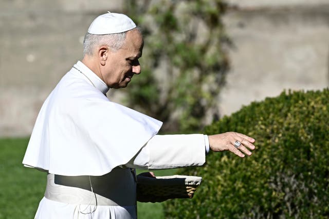 <p>Pope Leo XIV feeds fishes in a pond during the inauguration of the "Borgo Laudato Si'" Advanced Training Center, at the papal summer residence in Castel Gandolfo, Italy</p>