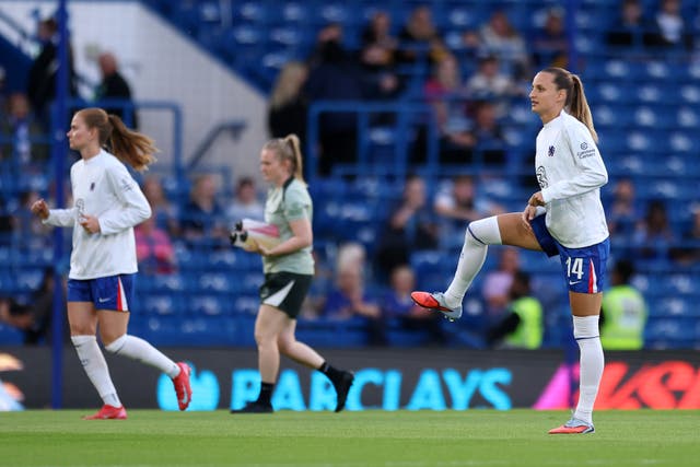 <p>Nathalie Bjoern of Chelsea warms up prior to the Barclays Women's Super League match between Chelsea FC and Manchester City</p>