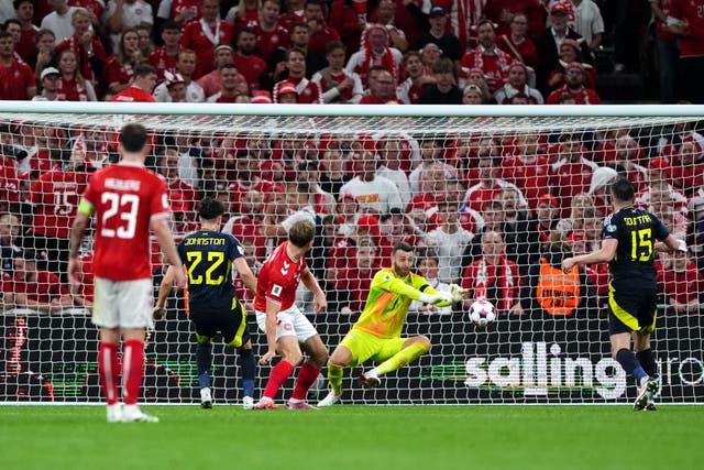 Scotland goalkeeper Angus Gunn helped his side claim a point in Copenhagen (Andrew Milligan/PA).