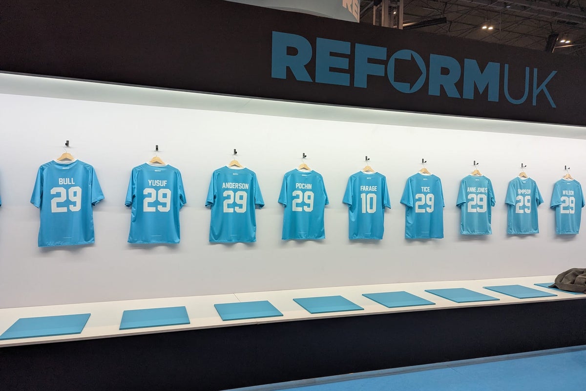 Nigel Farage football shirts on sale at Reform conference as supporters gather in Birmingham
