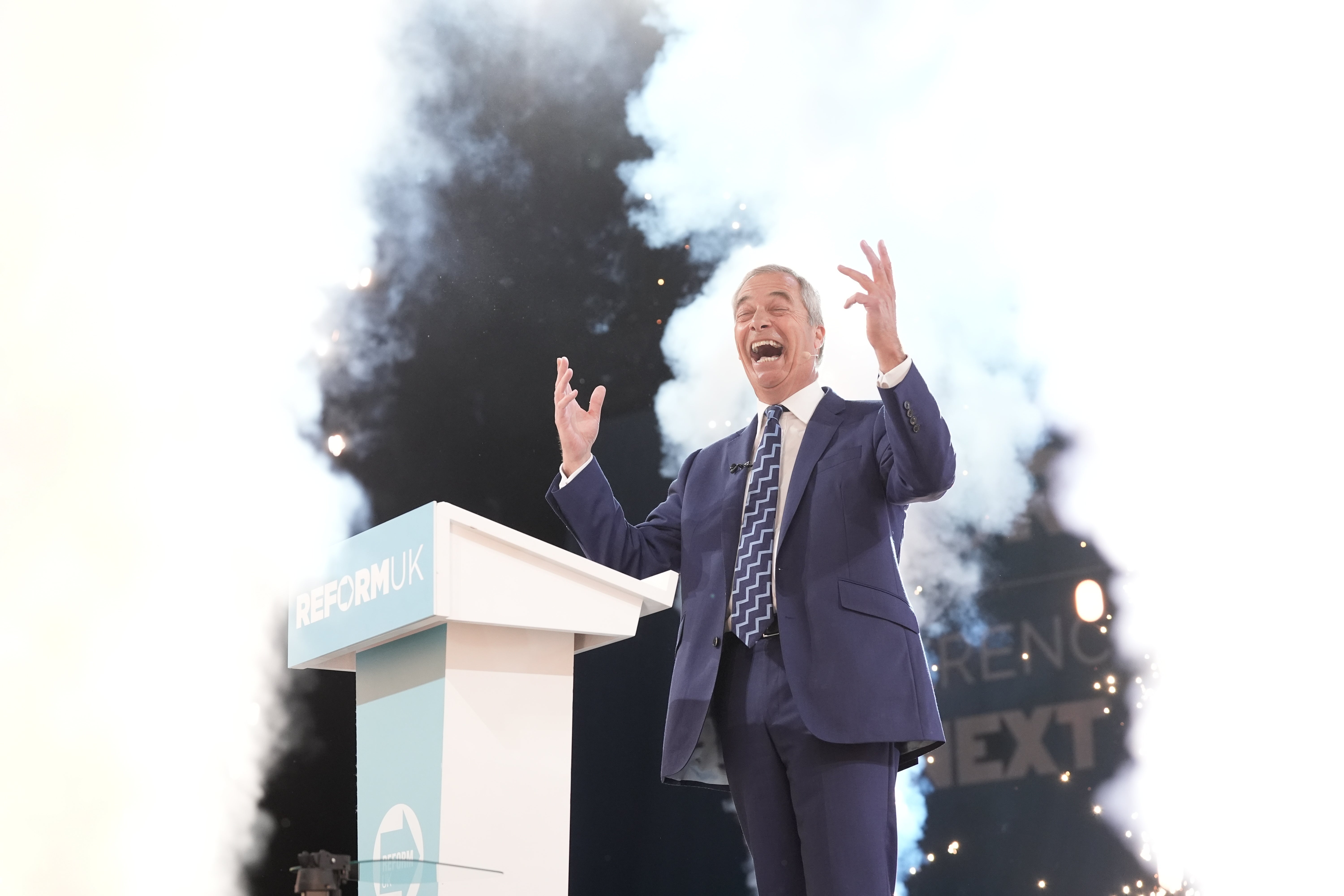 <p>Reform UK leader Nigel Farage speaks during the party’s annual conference at the National Exhibition Centre in Birmingham</p>