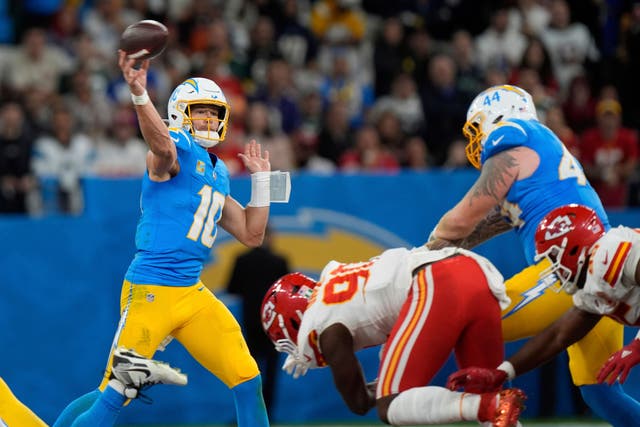 Los Angeles Chargers quarterback Justin Herbert passes against the Kansas City Chiefs (Fernando Llano/AP)