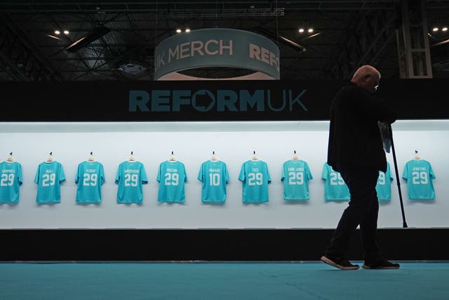 Reform UK football shirts on display at the party’s annual conference (Jacob King/PA)