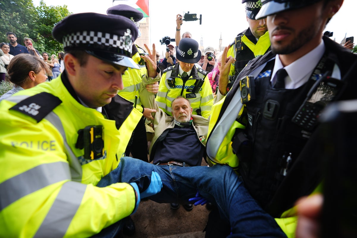 Crowd chants ‘shame on you’ as police make arrests at huge Palestine Action protest in Parliament Square