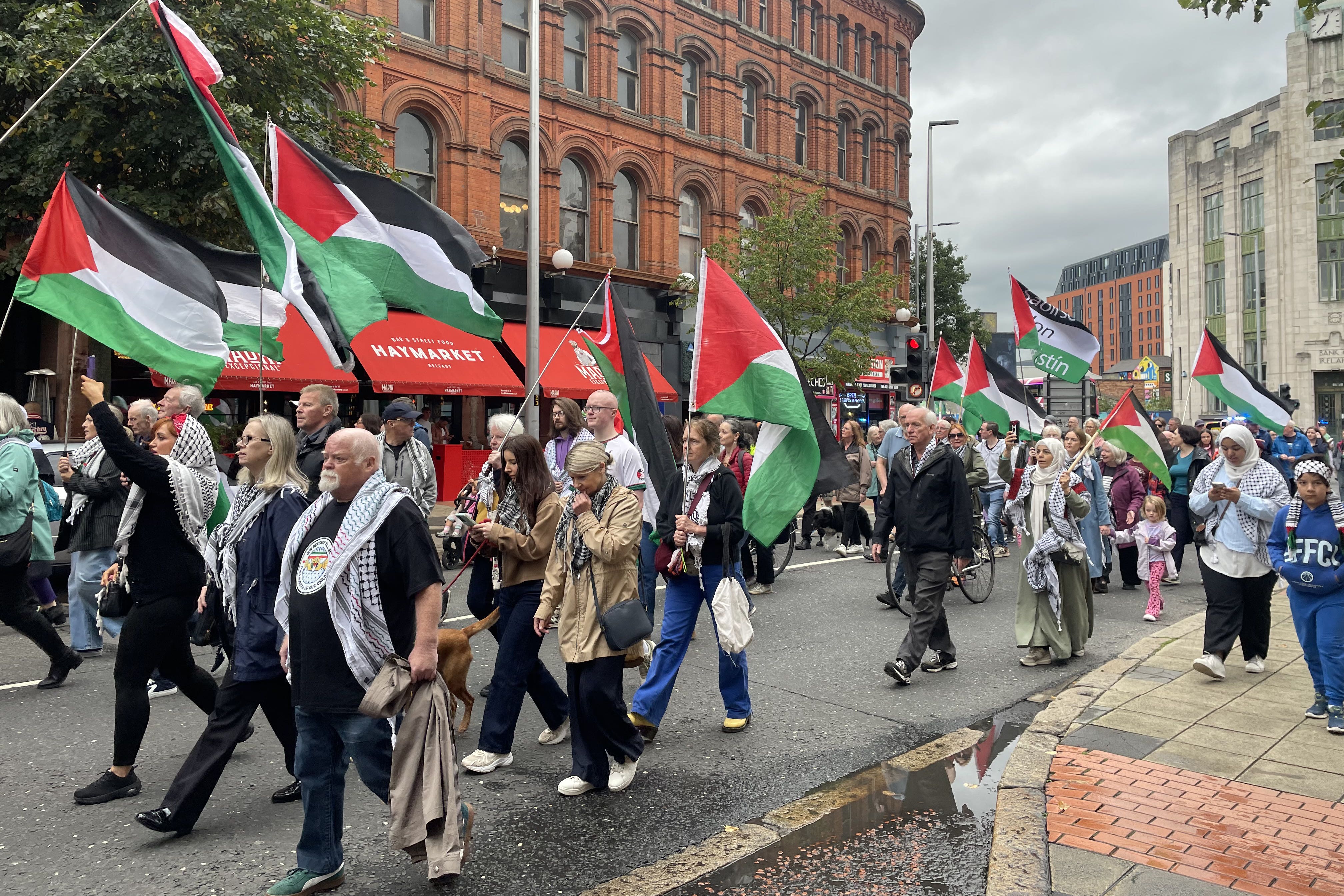 Crowds of pro-Palestine protesters march through Belfast city centre on Saturday (Grainne Ni Aodha/PA)