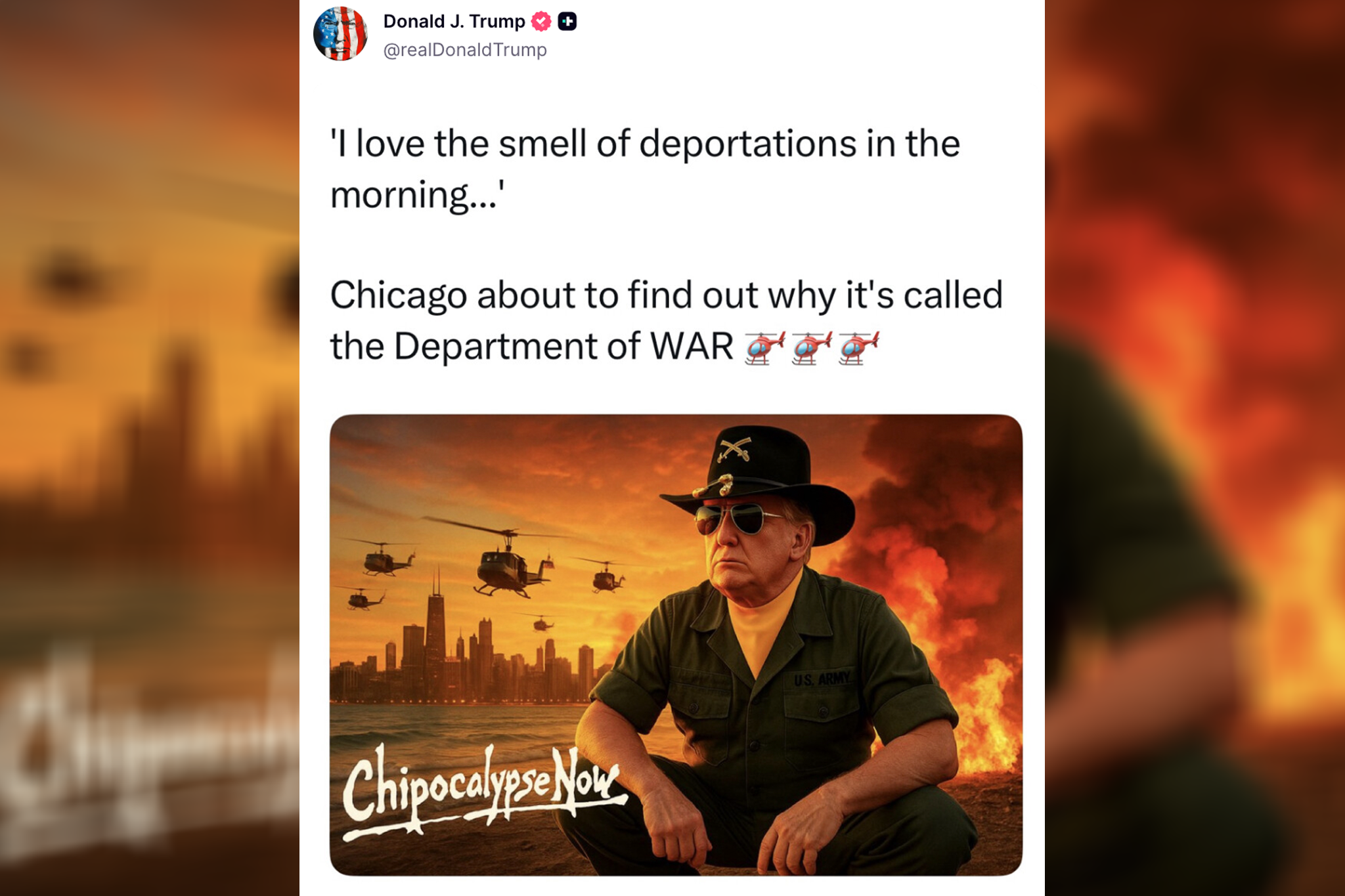 President Donald Trump posted an AI-generated image on Truth Social, seemingly confirming that ICE operations would begin in Chicago on Saturday
