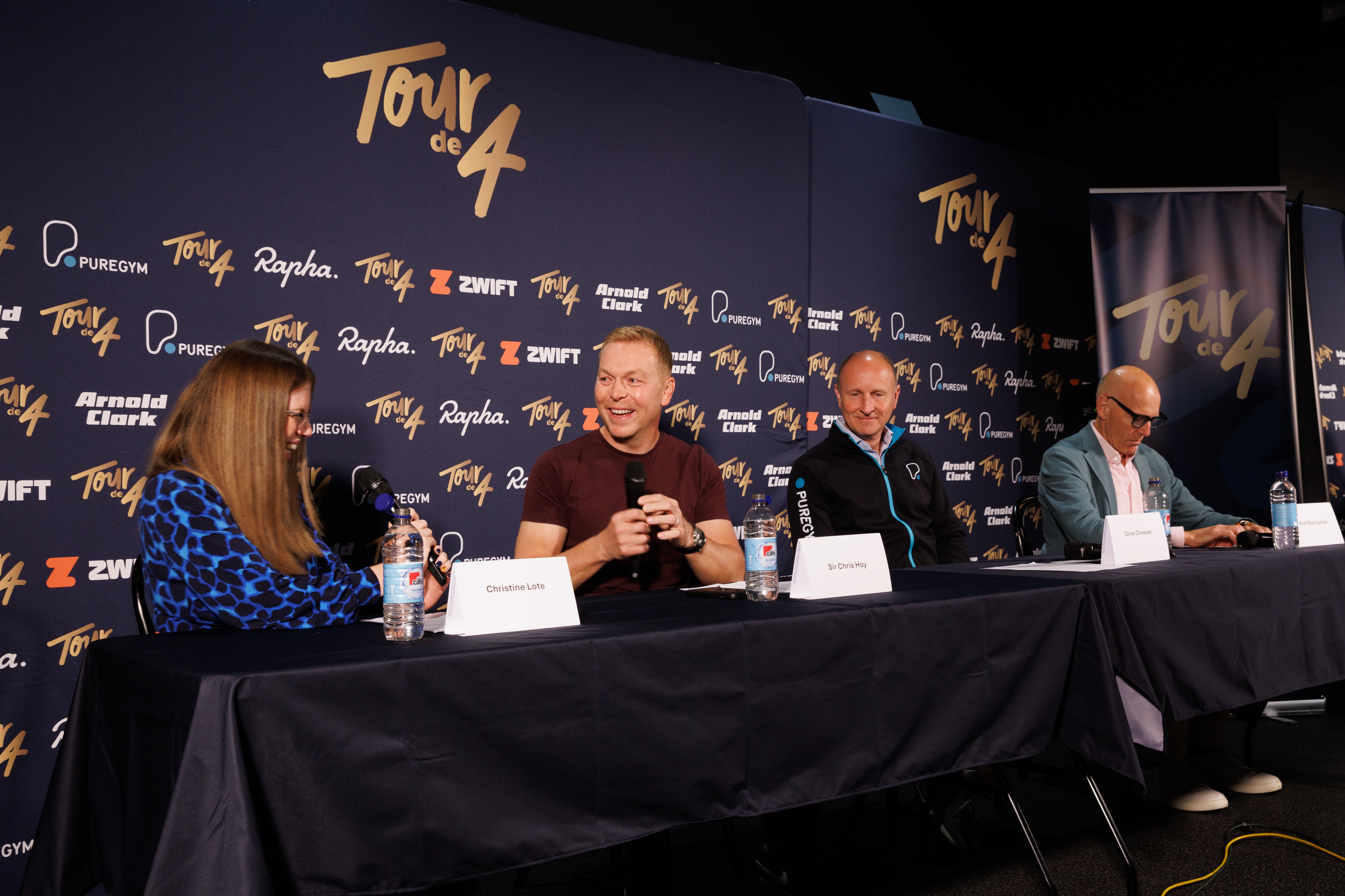 Sir Chris Hoy introduces the Tour de 4 with a panel of Christine Lote, Clive Chesser of PureGym and Professor Nick James (Robert Perry/PA)