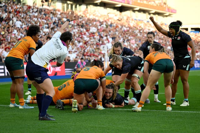 <p>England’s Sarah Bern scores her team’s seventh try against Australia</p>