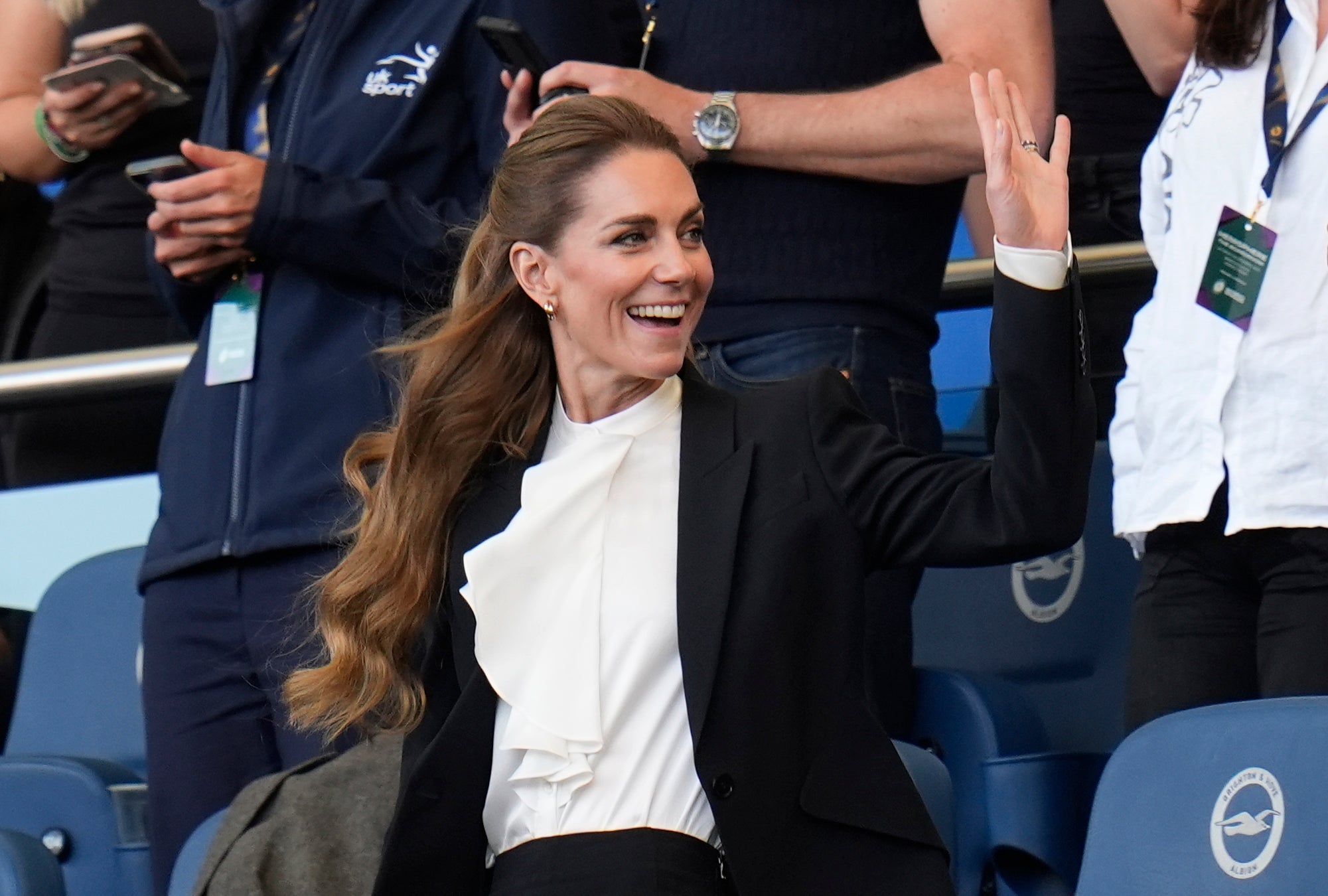 The Princess of Wales takes her seat in the stands before the second half during the Women's Rugby World Cup 2025