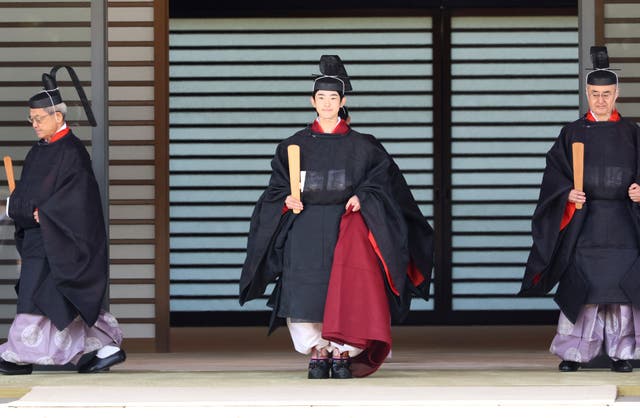 <p>Japanese Prince Hisahito, son of Crown Prince Akishino, wearing ancient ceremonial costume, leaves for a ceremony at the Imperial Palace in Tokyo Saturday, Sept.  6, 2025 as he celebrated his 19th birthday and attended the coming-of-age ceremony at the palace. (Yoshikazu Tsuno/Pool Photo via AP)</p>