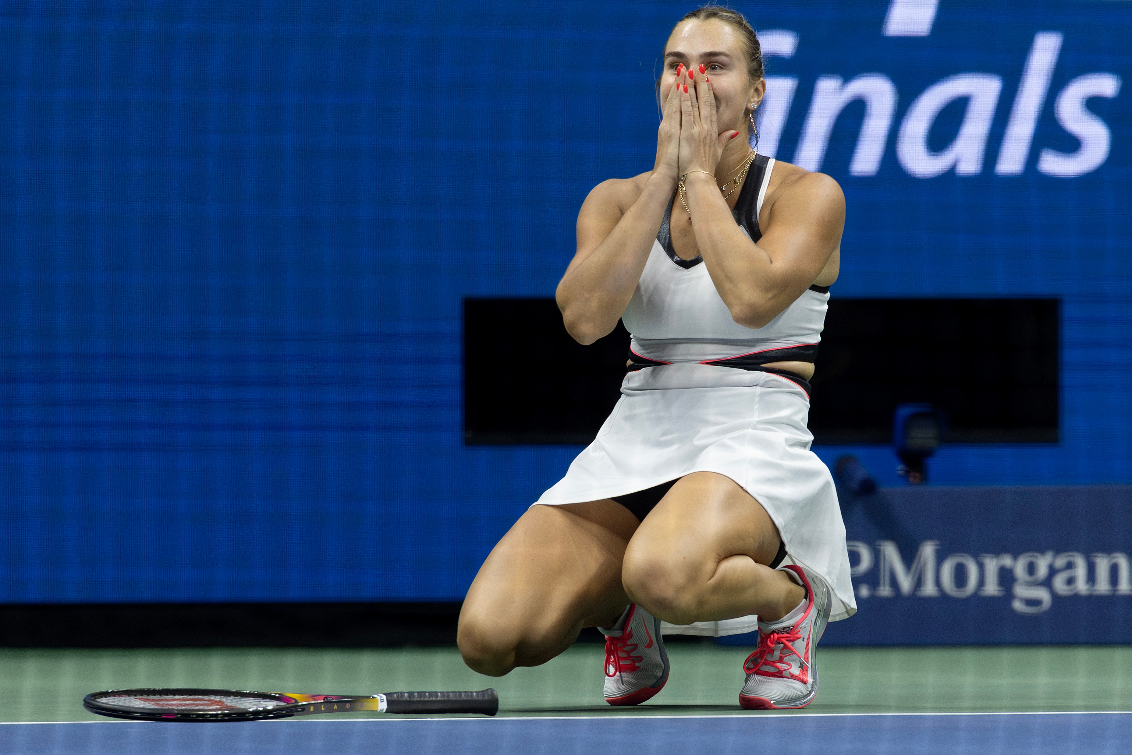 Sabalenka reacts on match point