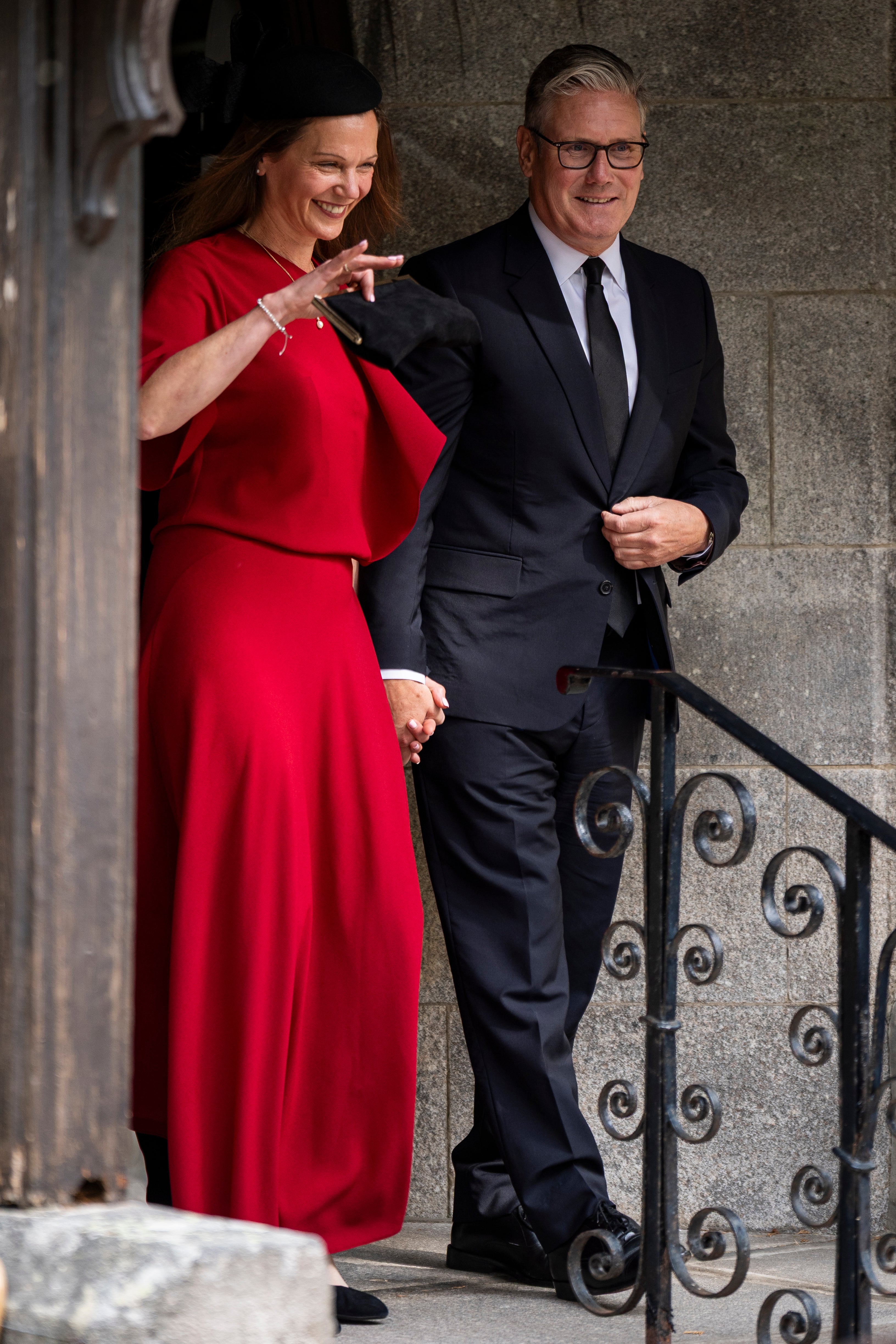 Prime Minister Sir Keir Starmer and wife, Lady Victoria Starmer, leave after attending a Sunday church service at Crathie Kirk, near Balmoral