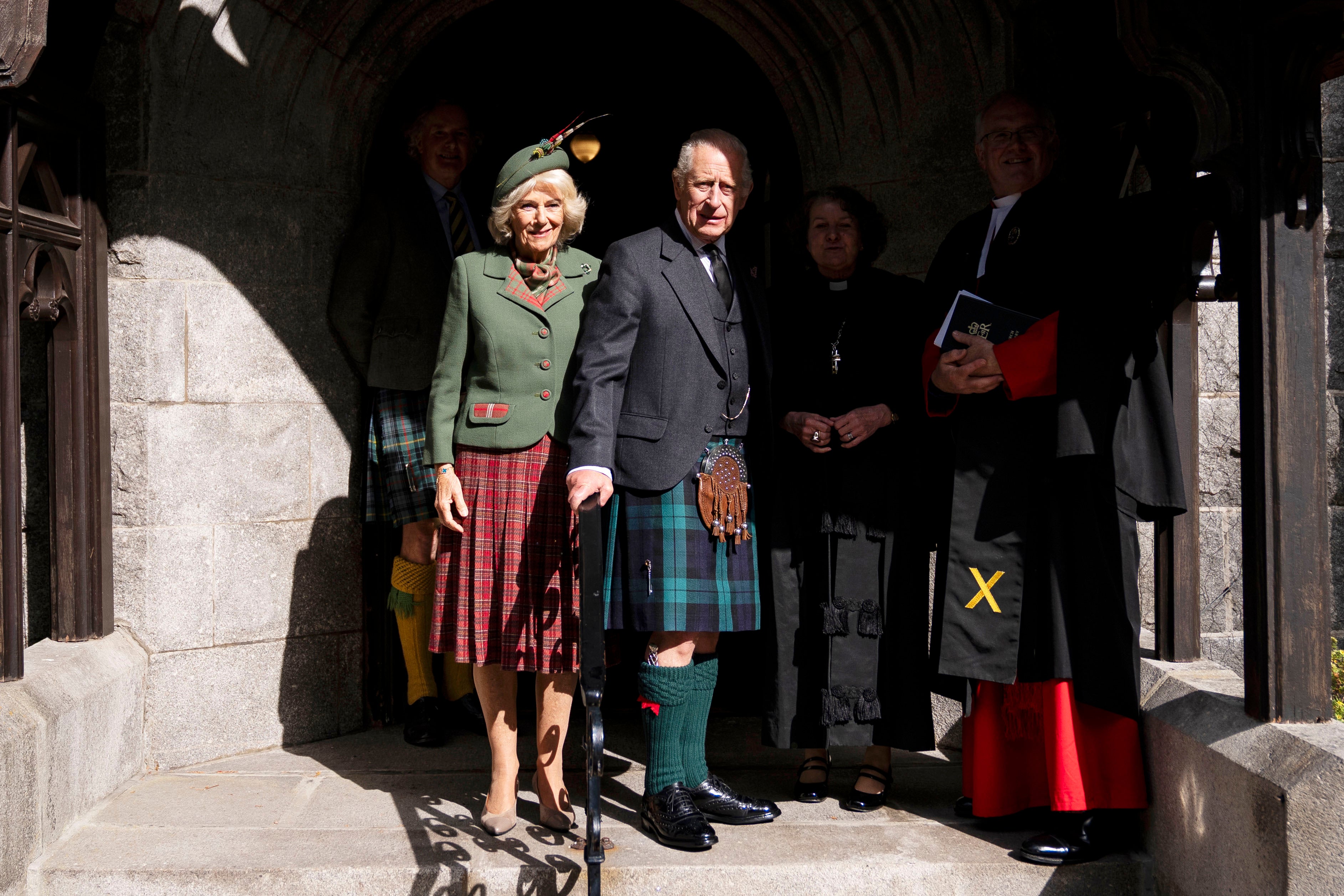 King Charles III and Queen Camilla arrive to attend a Sunday church service at Crathie Kirk, near Balmoral