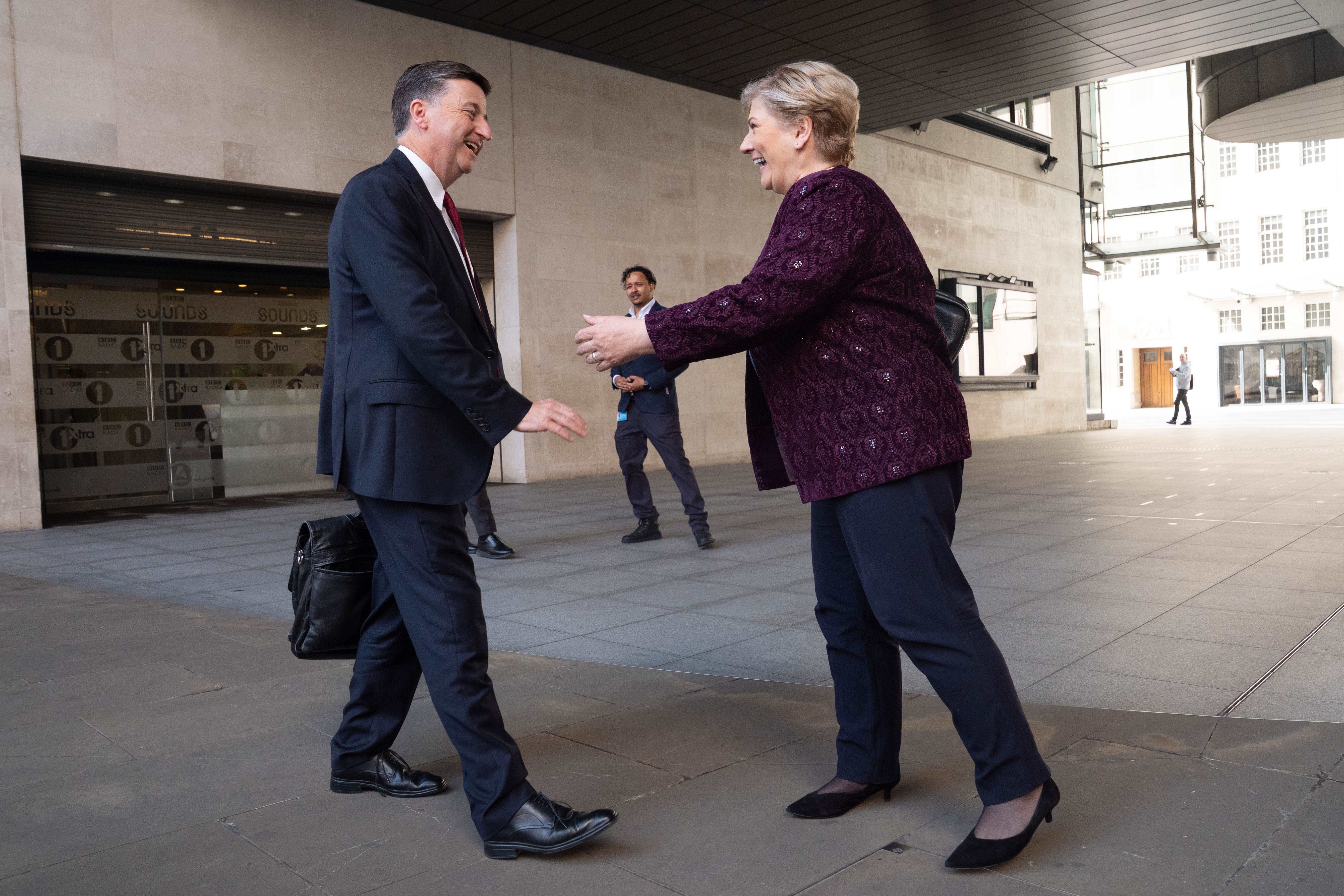 Douglas Alexander meeting Dame Emily Thornberry outside BBC Broadcasting House after the pair appeared on TV shows on Sunday (Stefan Rousseau/PA)