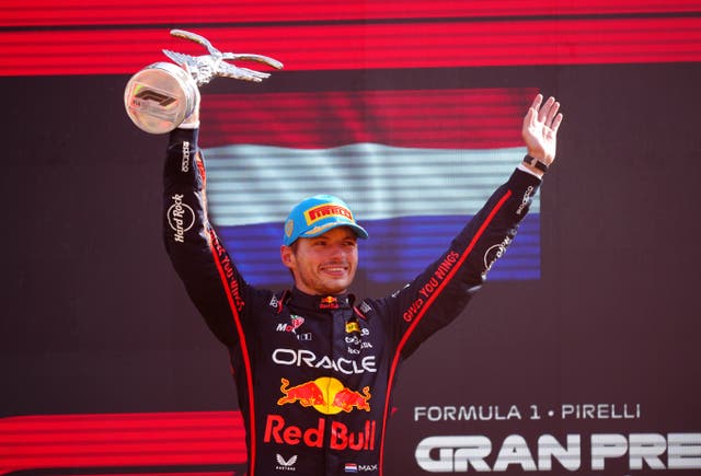 <p>Max Verstappen celebrates on the podium (David Davies/PA)</p>