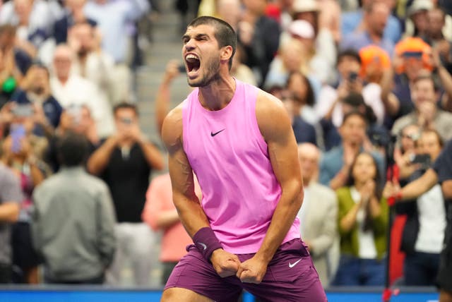 <p>Carlos Alcaraz celebrates his victory over Jannik Sinner in the US Open final </p>