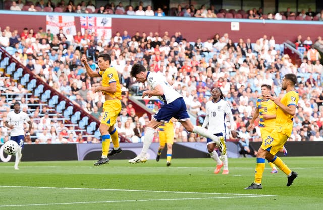 <p>England's Declan Rice scores their side's second goal of the game against Andorra</p>