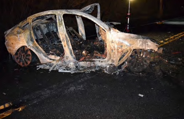 <p>A Tesla Model Y seen after a deadly crash that killed four people in Long Island, New York. Now, Tesla says the operator is to blame and not its self driving system.</p>