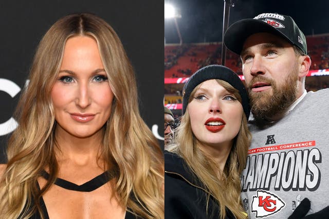 <p>Nikki Glaser, Taylor Swift, Travis Kelce</p>