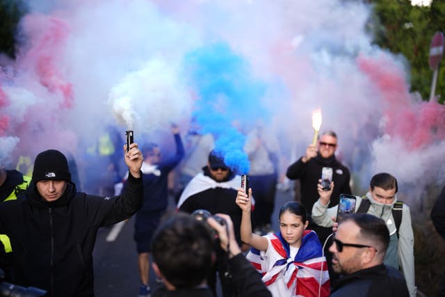 <p>Protesters have gathered outside the Bell Hotel in Epping for weeks (Jordan Pettitt/PA)</p>