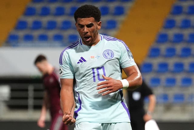 Che Adams celebrates his goal against Belarus (Andrew Milligan/PA)