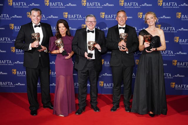 <p>Gareth Knowles, Kelly Crawford, Richard Frediani, Liam Blyth and Caroline Turner in the press room after winning the News Coverage Award (Ian West/PA)</p>