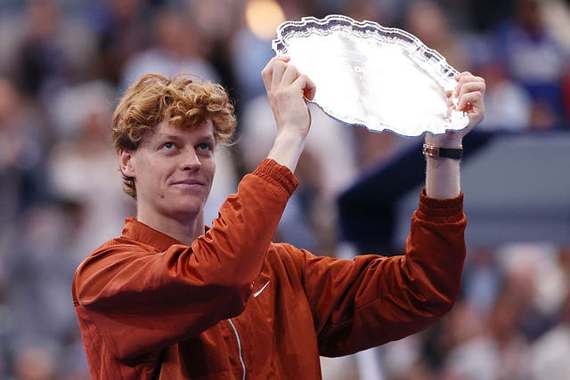 <p>Italy’s Jannik Sinner poses with his trophy after losing to Carlos Alcaraz of Spain during their men’s singles final match at the 2025 US Open on 7 September 2025, in New York</p>