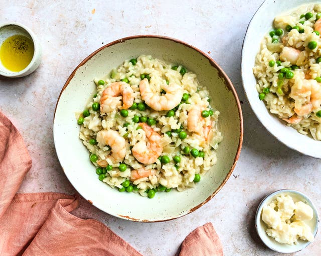 <p>A risotto with a twist – sweet peas, tangy goat’s cheese and juicy prawns for a dish that feels special without the fuss.</p>