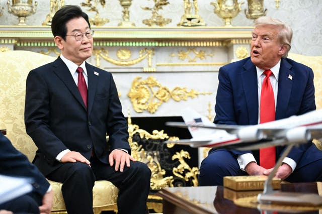 <p>US president Donald Trump speaks with South Korean president Lee Jae Myung in Washington summer 2025</p>