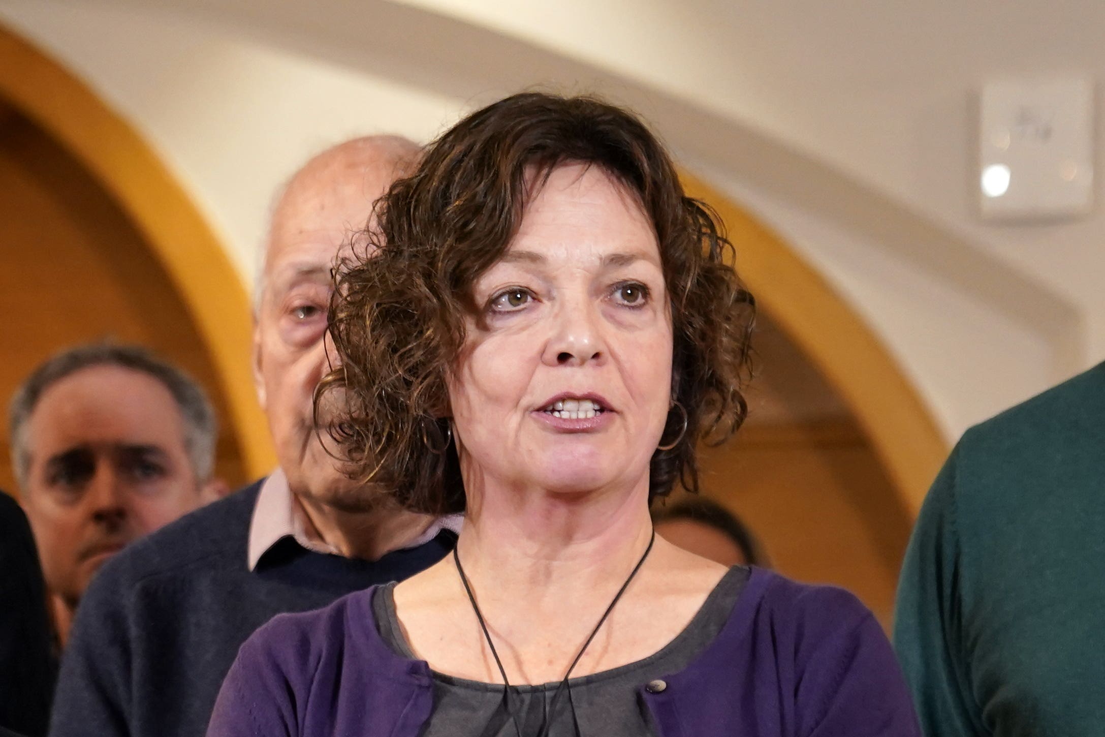 Julia Waters, sister of Ruth Perry, speaking to members of the media in Reading Town Hall at the end of the inquest for the headteacher (Andrew Matthews/PA)