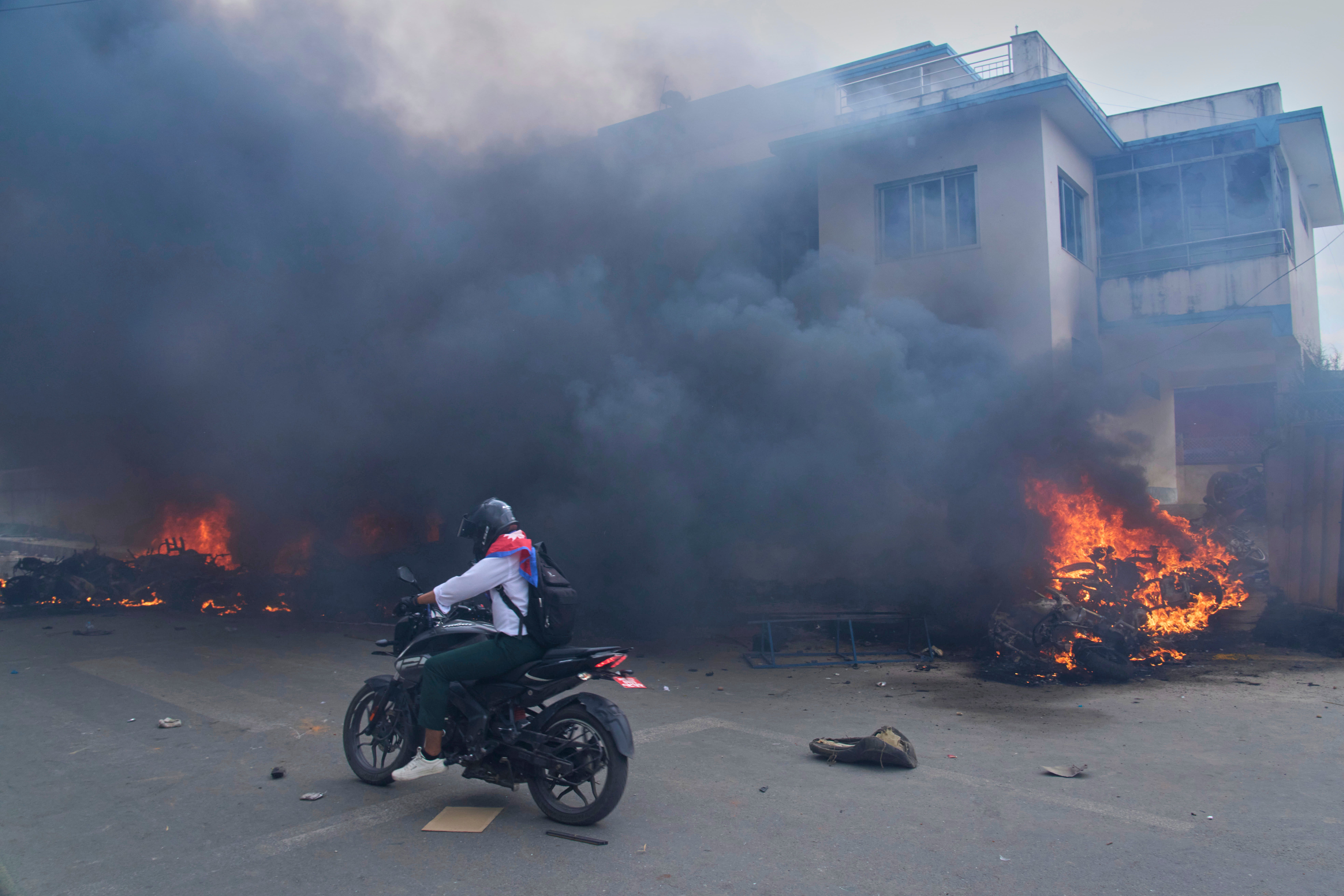 A burning police station during protests against social media ban and corruption in Kathmandu, Nepal, Tuesday 9 September