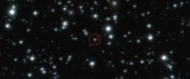 <p>This image provided by the European Southern Observatory shows a powerful explosion, orange dot at the center of the image, that repeated several times over the course of a day, The image, taken with ESO's Very Large Telescope (VLT), allowed astronomers to determine that the explosion didn't take place in the Milky Way but in another galaxy</p>