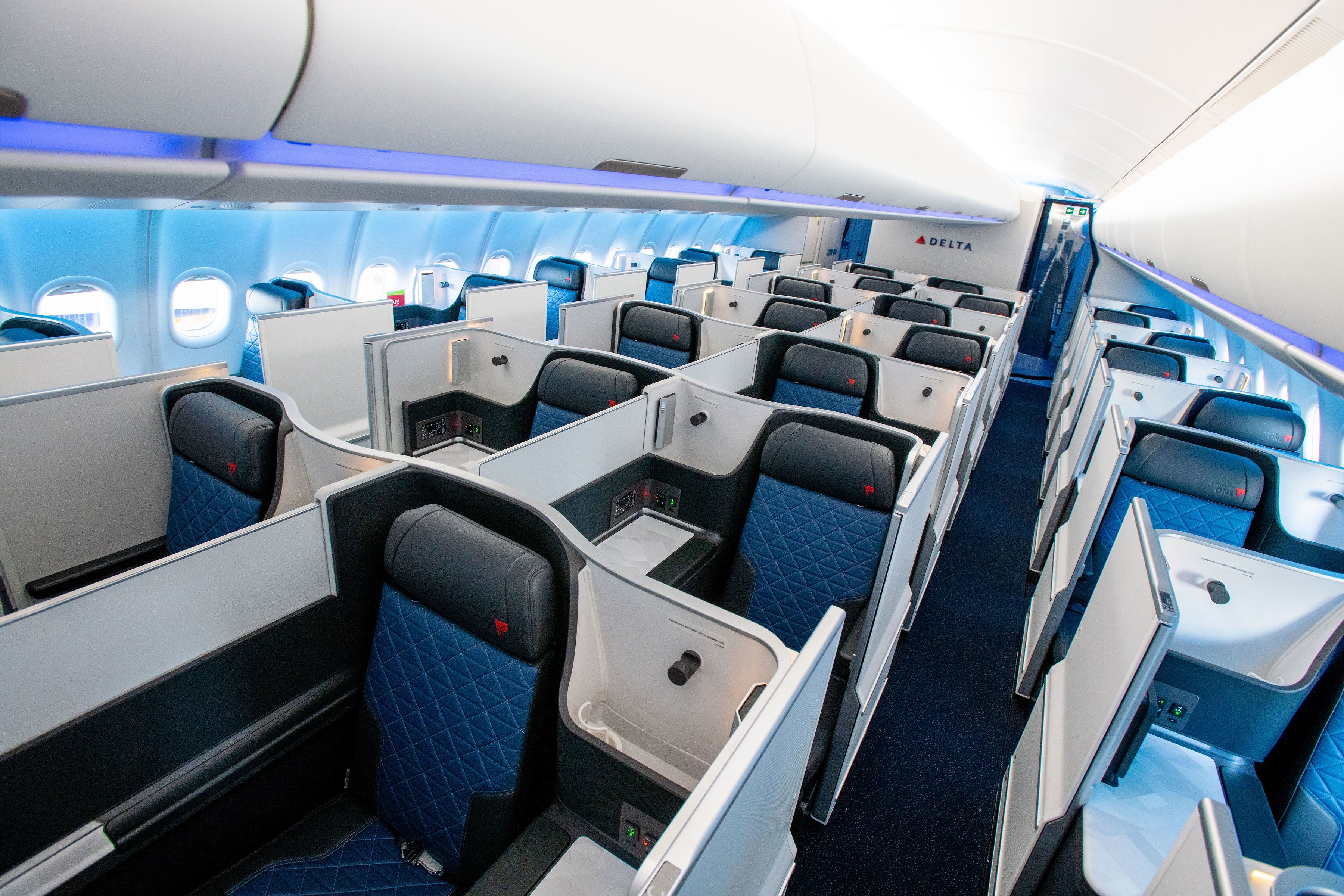 New services to Madrid and Nice are run by A330-900neo. At the top of the Delta One Business Classroom in the plane
