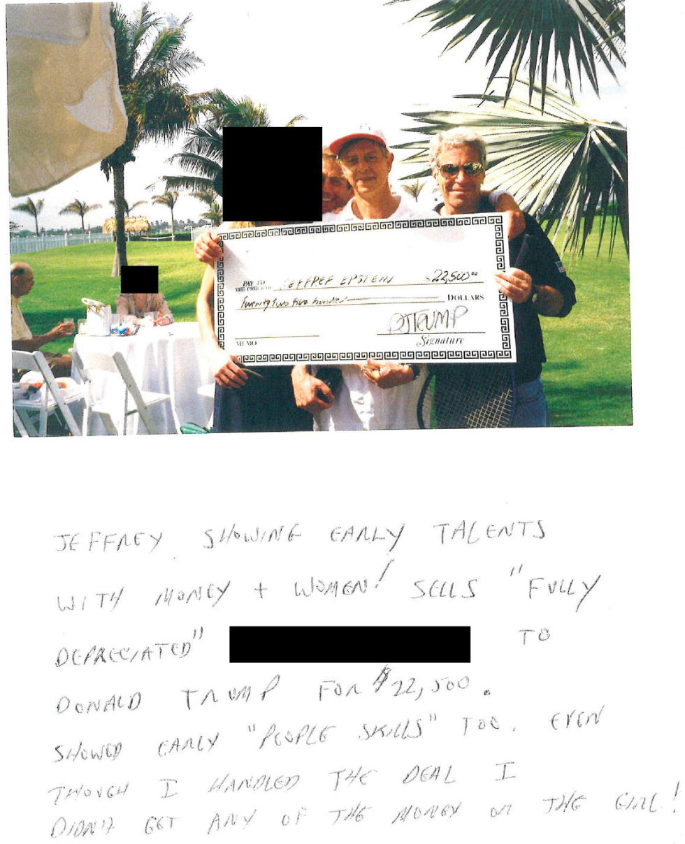 Epstein holds a photo of a giant check for $22,500 signed 'D J Trump.'
